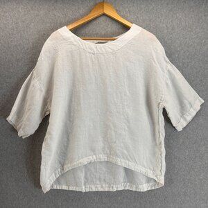 Elemente Clemente Women White Linen Boxy Short Sleeve Top Size II Lagenlook FLAW